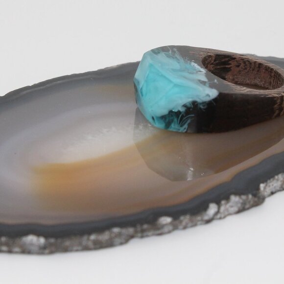 Ring jewelry wooden light blue wave large size 7 nature fashion new - Picture 3 of 7